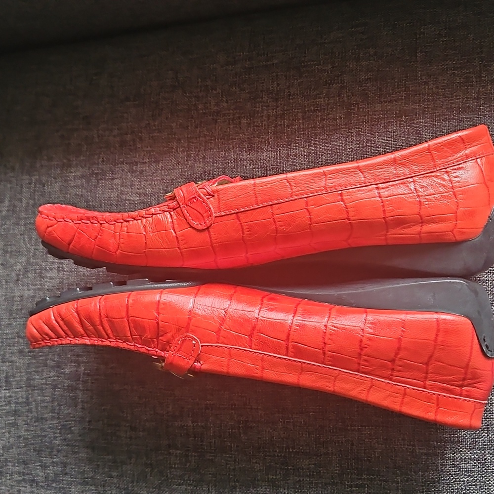 Red Stuart Weitzman patent Cocodrile  leather loafers With Gold  Trim - Picture 9 of 9